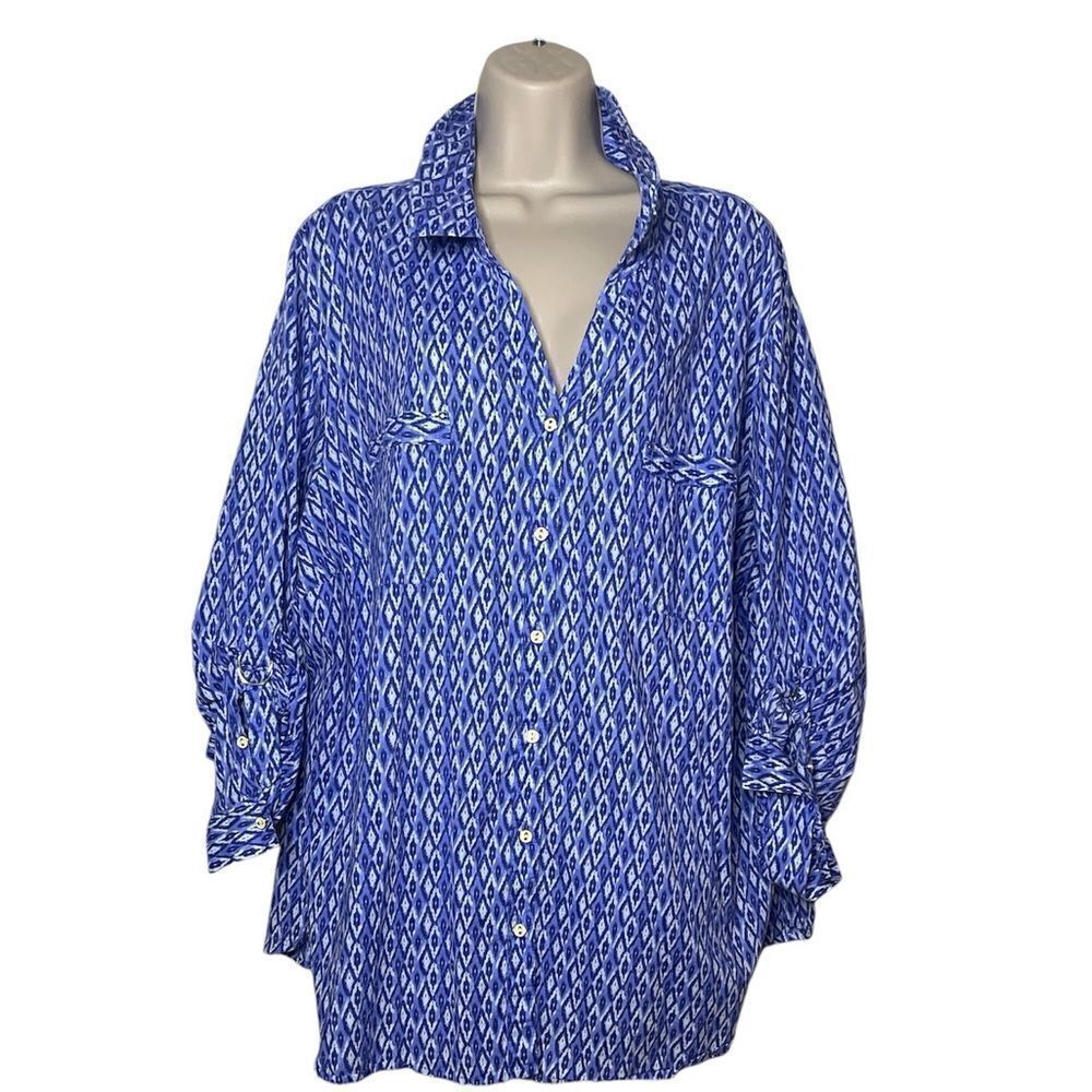 CATHERINES  Womens Blouse Size 3X Blue Geometric Button Up Pockets Long Sleeve